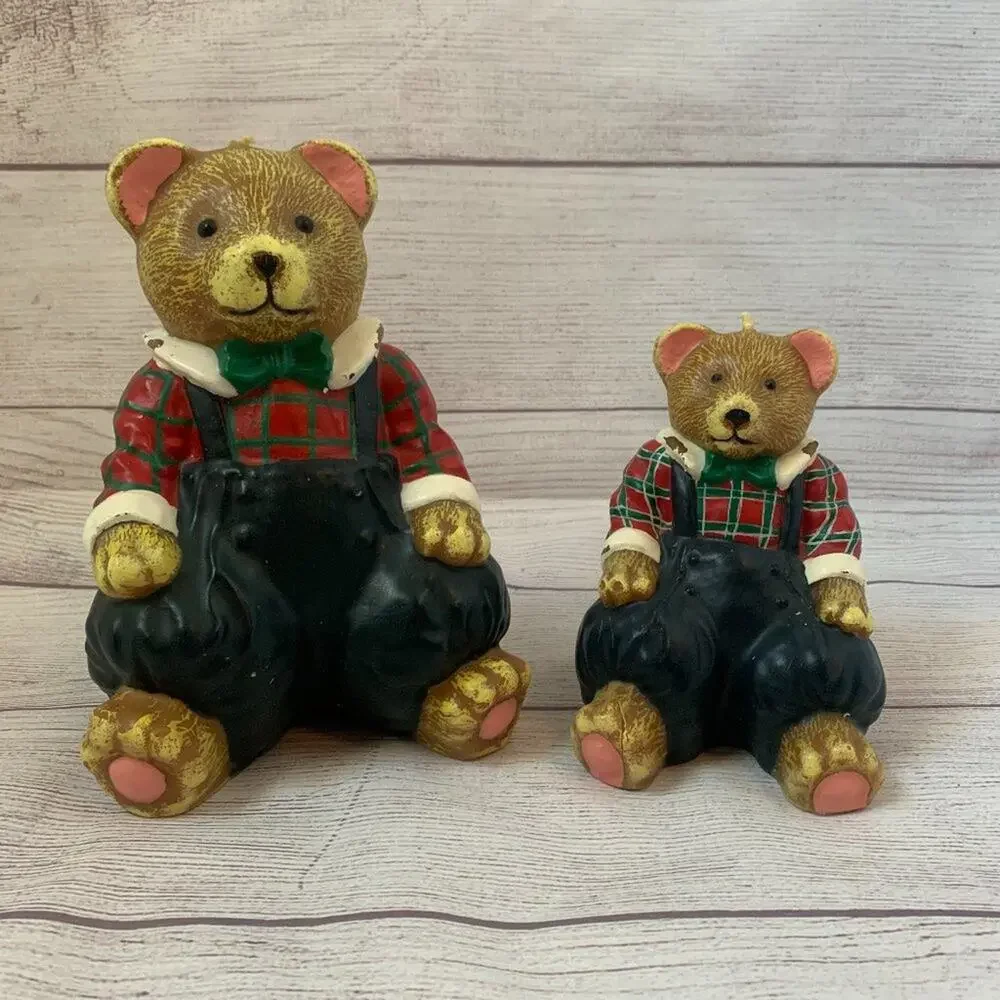 Vintage Teddy Bear Candles Set of 2 Bears with Bow Tie Plaid Shirt Overalls